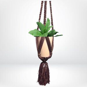 70s Long Plant Holder Brown/Tan Yarn Macrame - Bohemian Home Decor - OOAK